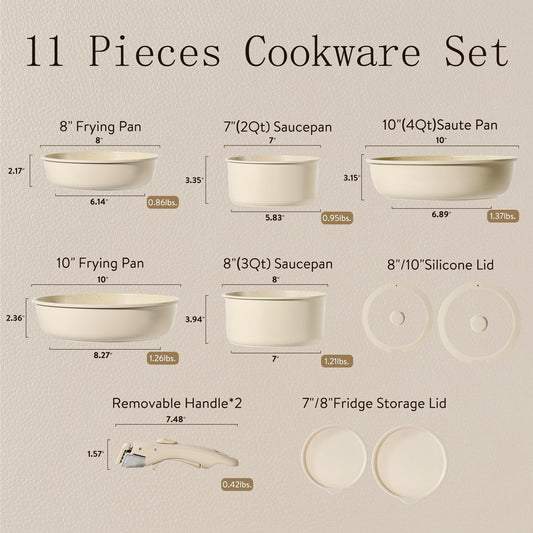 Ensemble de 11 pièces de casseroles et poêles, batterie de cuisine antiadhésive avec poignée amovible, compatible induction
