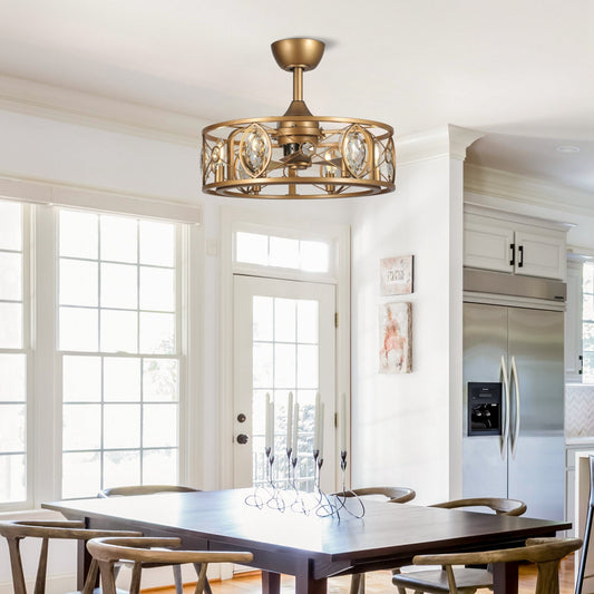 Lustre ventilateur de plafond moderne à cage en cristal de 22 pouces avec télécommande