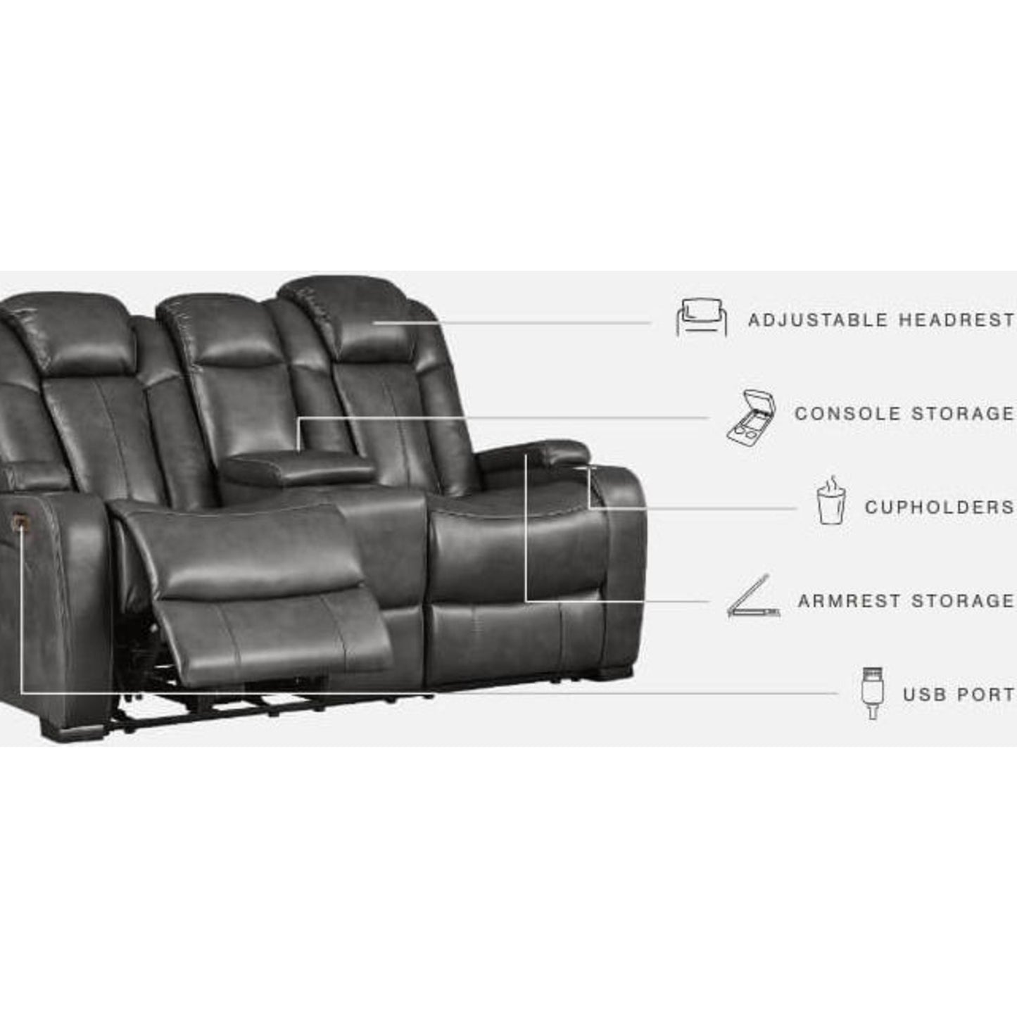 Canapé inclinable électrique Turbulence avec console et appui-tête réglable