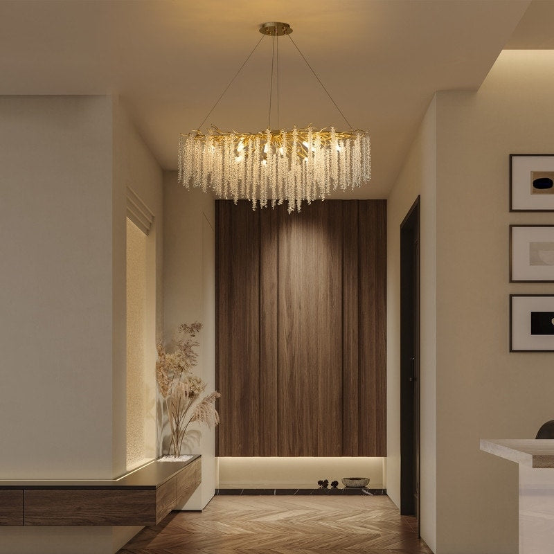 Lustre rectangulaire moderne en cristal doré de 101,6 cm (40 po) avec branches d'arbre, suspension pour îlot de cuisine ou salle à manger.