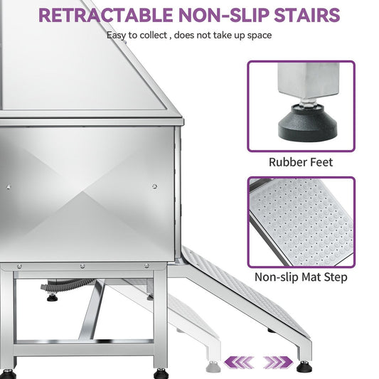 Baignoire de toilettage réglable en acier inoxydable de 127 cm (50 po) de largeur avec rampe - Argent