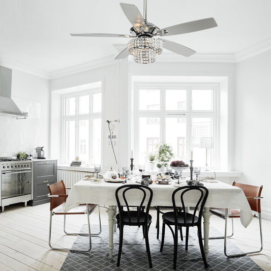 Ventilateur de plafond moderne en cristal à 5 pales, 52 pouces, en bois chromé, avec télécommande