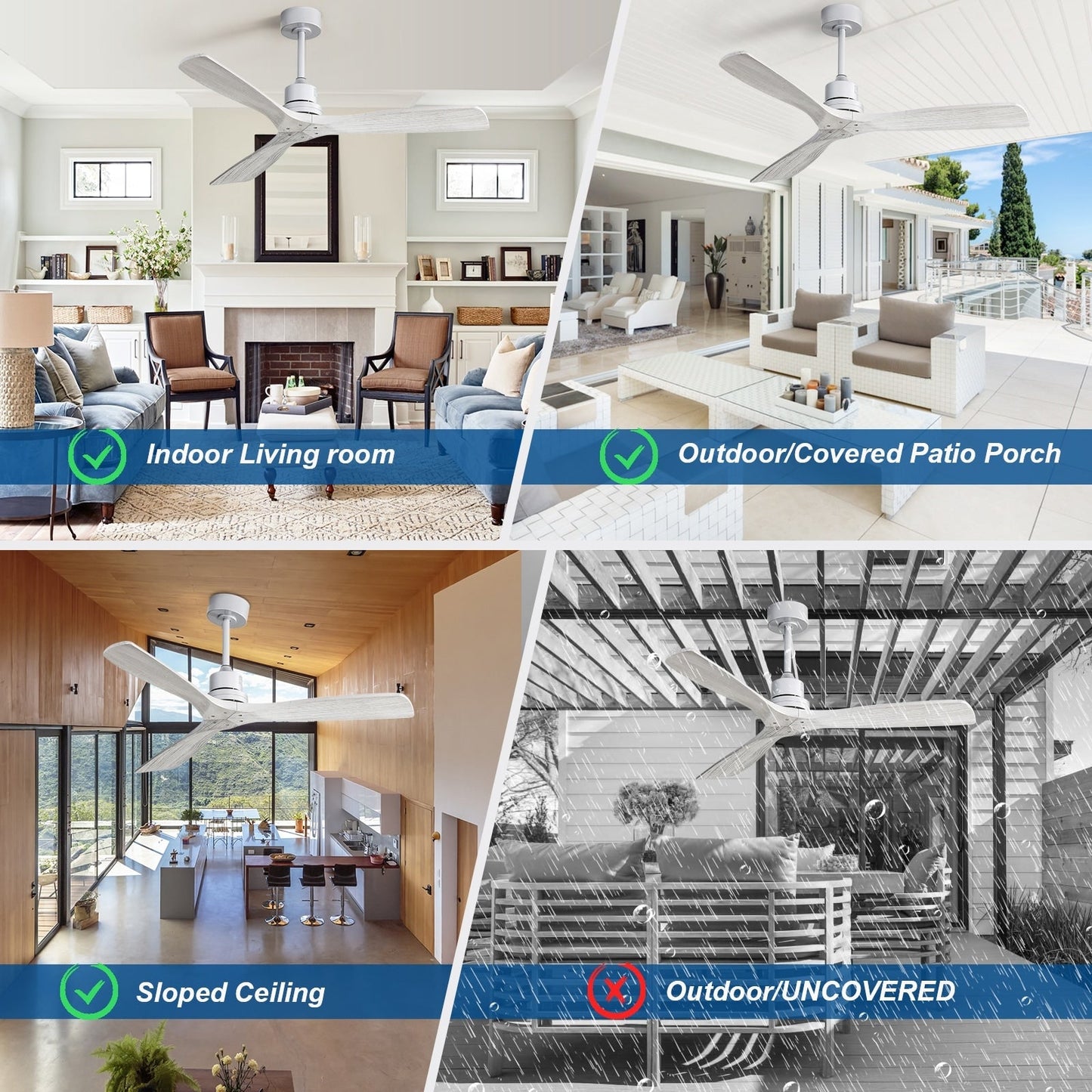 Ventilateur de plafond moderne de 132 cm (52 pouces) en bois massif et ABS avec télécommande (sans éclairage), 6 vitesses de ventilation et flux d'air réversible.