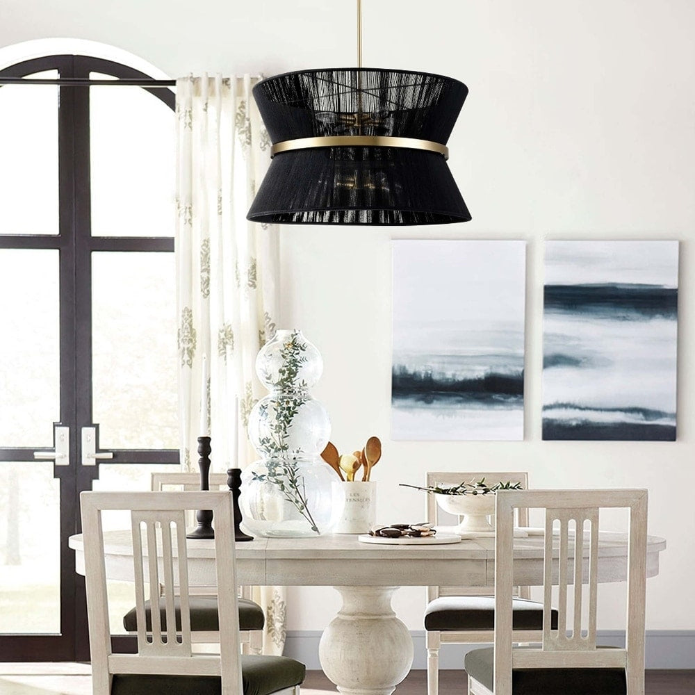 Lustre tambour moderne bohème à 8 lumières, grand modèle de 61 cm (24 pouces), en tissu tissé à la main, forme sablier, coloris or/noir, idéal pour salle à manger/salon.