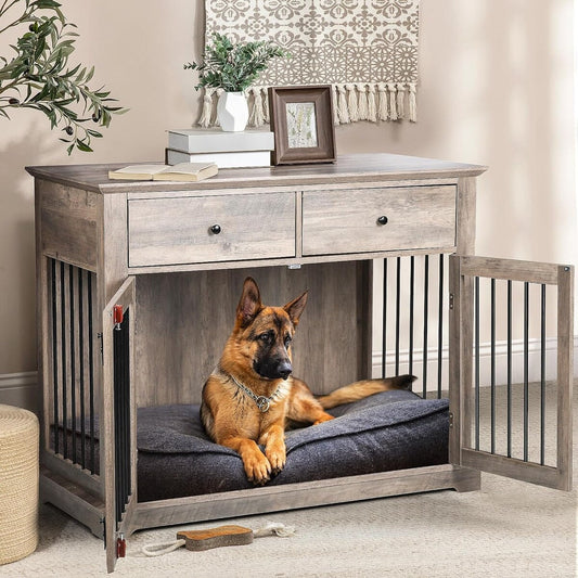 Meuble pour cage de 112 cm (44 pouces) BOSSIN, niche en bois avec table d'appoint et tiroirs de rangement, niche décorative pour animaux de compagnie