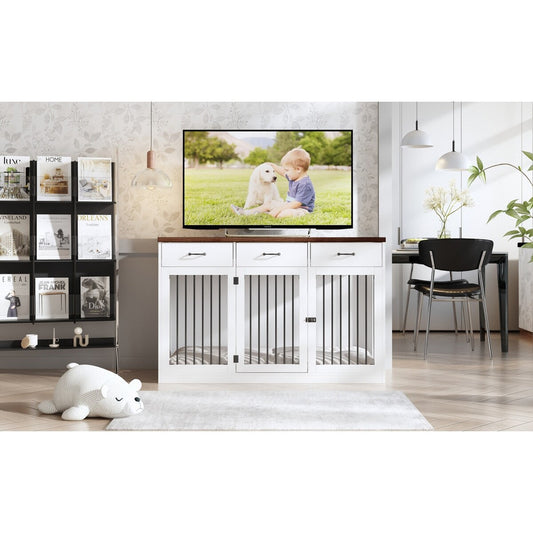 Meuble élégant en bois pour cage de transport pour chien avec rangement et 3 tiroirs