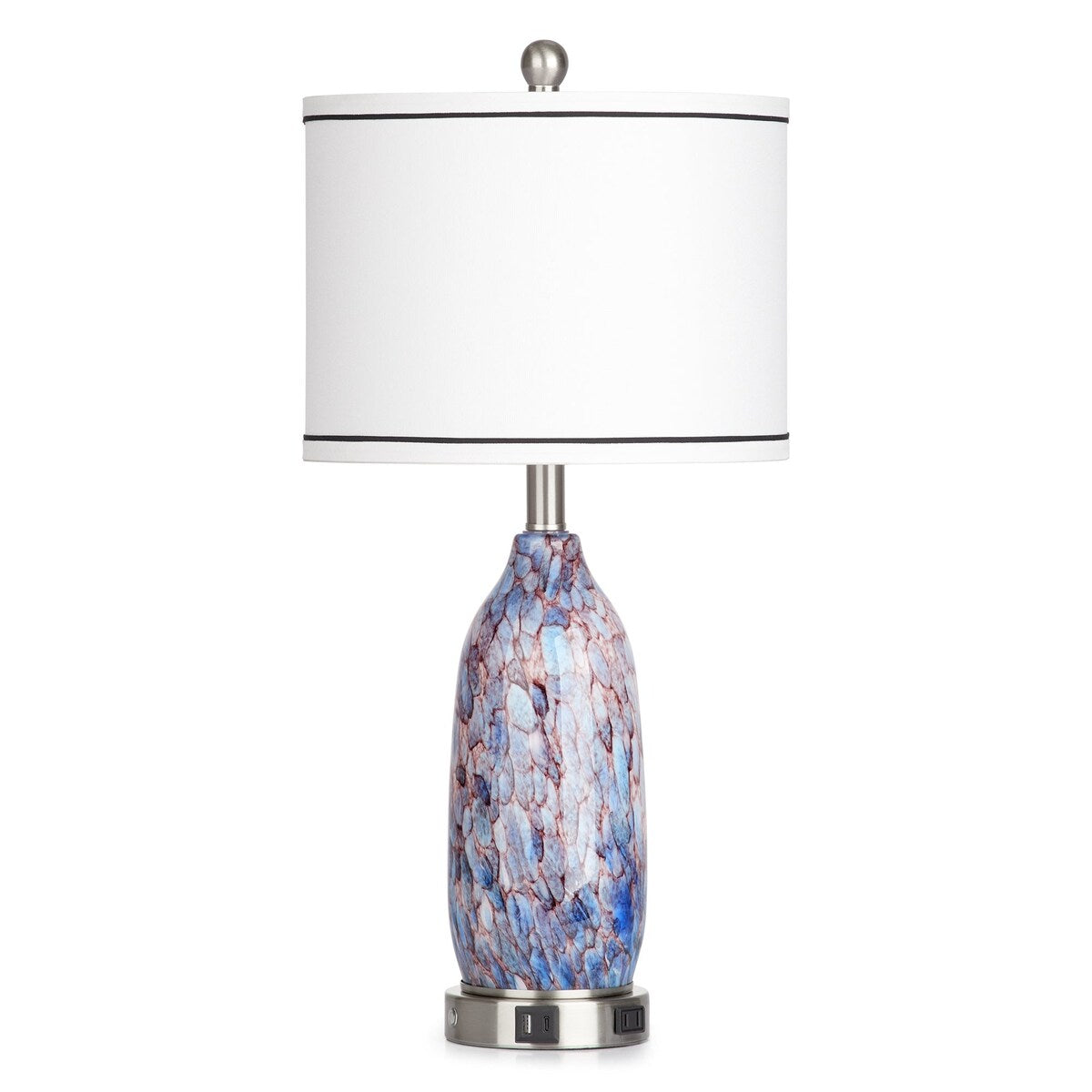 Lampe de table avec veilleuse 2 en 1, corps de lampe en verre indigo, ports de chargement, prise secteur, abat-jour cylindrique, interrupteur tactile à variation d'intensité (lot de 2)