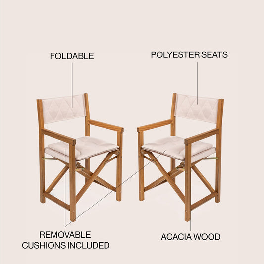 Chaise de réalisateur pliable d'extérieur Theo Classic en bois d'acacia, style milieu du siècle, avec dossier matelassé en losanges et coussin (lot de 2), par JONATHAN Y