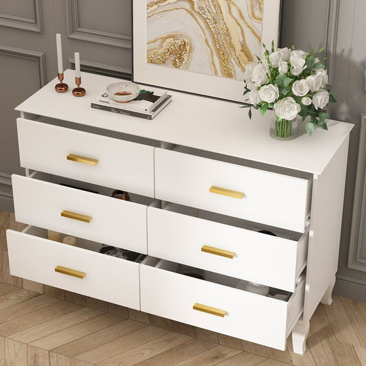 Commode double Timechee à 6 tiroirs, 120 cm de large, pieds en bois massif, finition laquée.