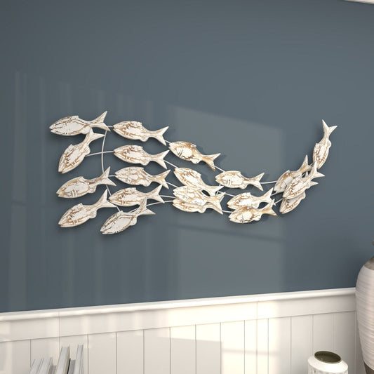 Décoration murale artisanale en bois représentant un poisson nageur, effet vieilli marron - Blanc - Roche River Decor