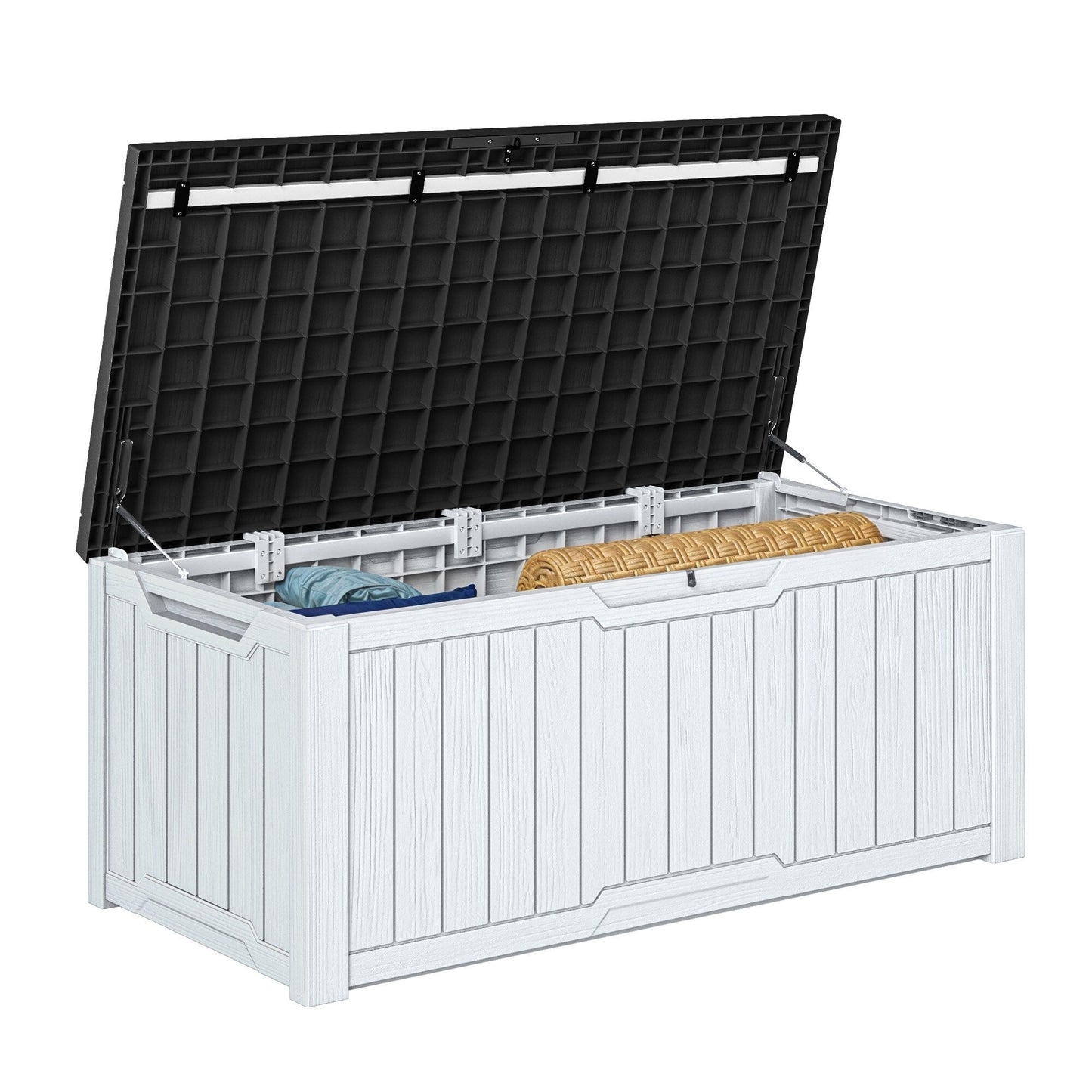 Coffre de terrasse verrouillable en résine résistante à l'eau, grande capacité (120-260 gallons).