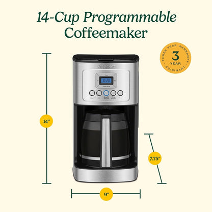 Cafetière programmable 14 tasses, carafe en verre, contrôle de l'intensité du café, réglage de 1 à 4 tasses, acier inoxydable