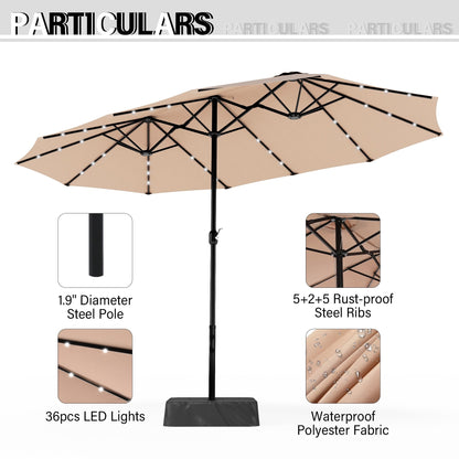 Parasol de marché d'extérieur rectangulaire de 4,57 m (15 pieds) à manivelle, double face, avec éclairage solaire LED et base incluse.