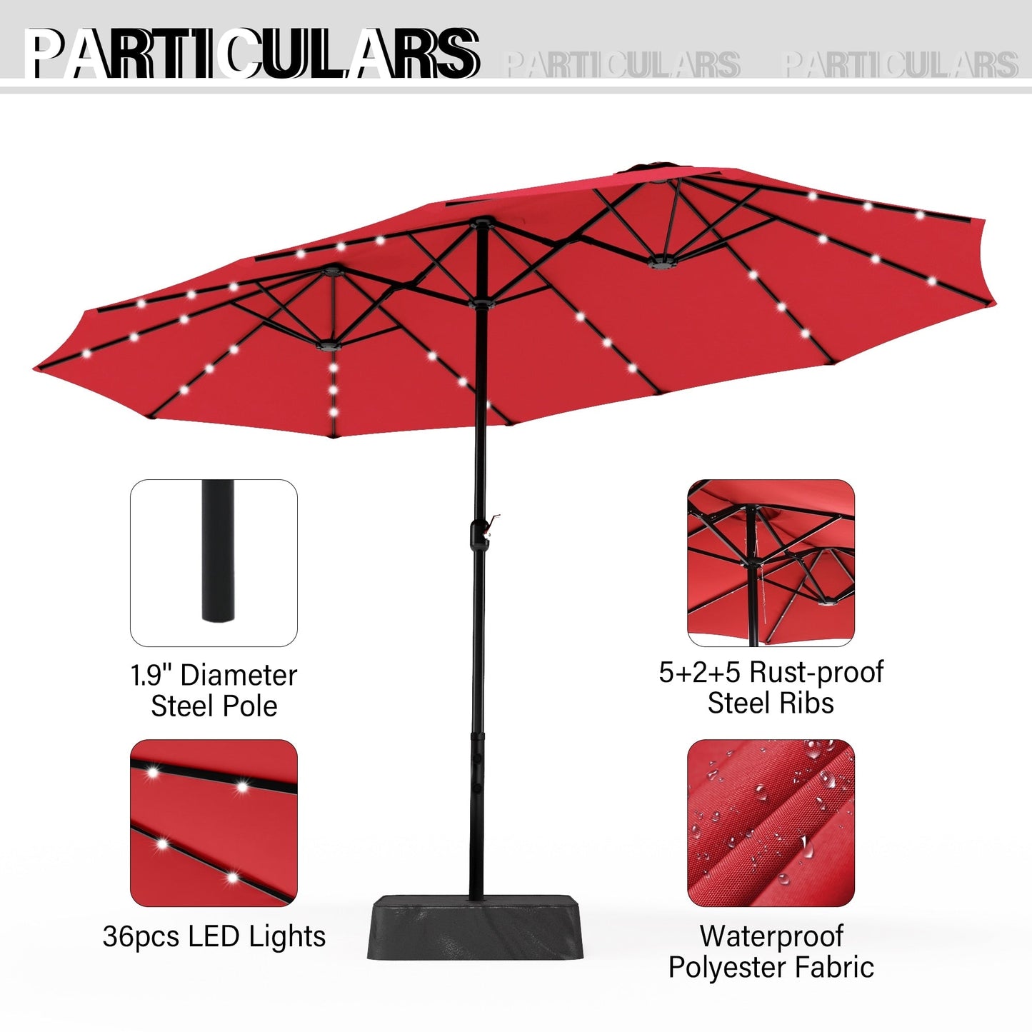 Parasol de marché d'extérieur rectangulaire de 4,57 m (15 pieds) à manivelle, double face, avec éclairage solaire LED et base incluse.