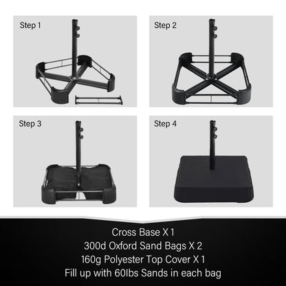 Parasol de marché d'extérieur rectangulaire de 4,57 m (15 pieds) à manivelle, double face, avec éclairage solaire LED et base incluse.