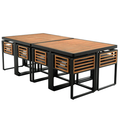 Ensemble de salle à manger de patio en bois d'acacia 18 pièces, comprenant 8 chaises rembourrées, 8 poufs et 2 tables carrées