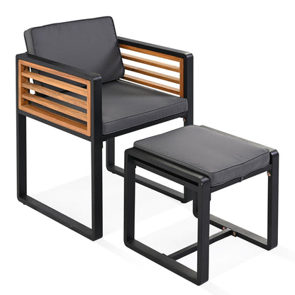 Ensemble de salle à manger de patio en bois d'acacia 18 pièces, comprenant 8 chaises rembourrées, 8 poufs et 2 tables carrées