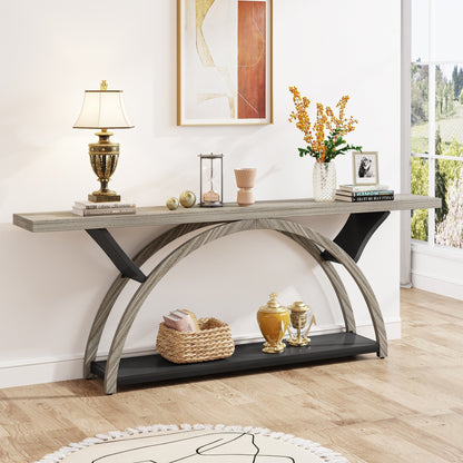 Console allongée et étroite à 2 niveaux avec cadre semi-circulaire pour entrée, table d'appoint grise pour couloir