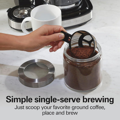 Cafetière 2 en 1 (12 tasses) et dosette individuelle, carafe en verre, pause et versement automatiques, noire