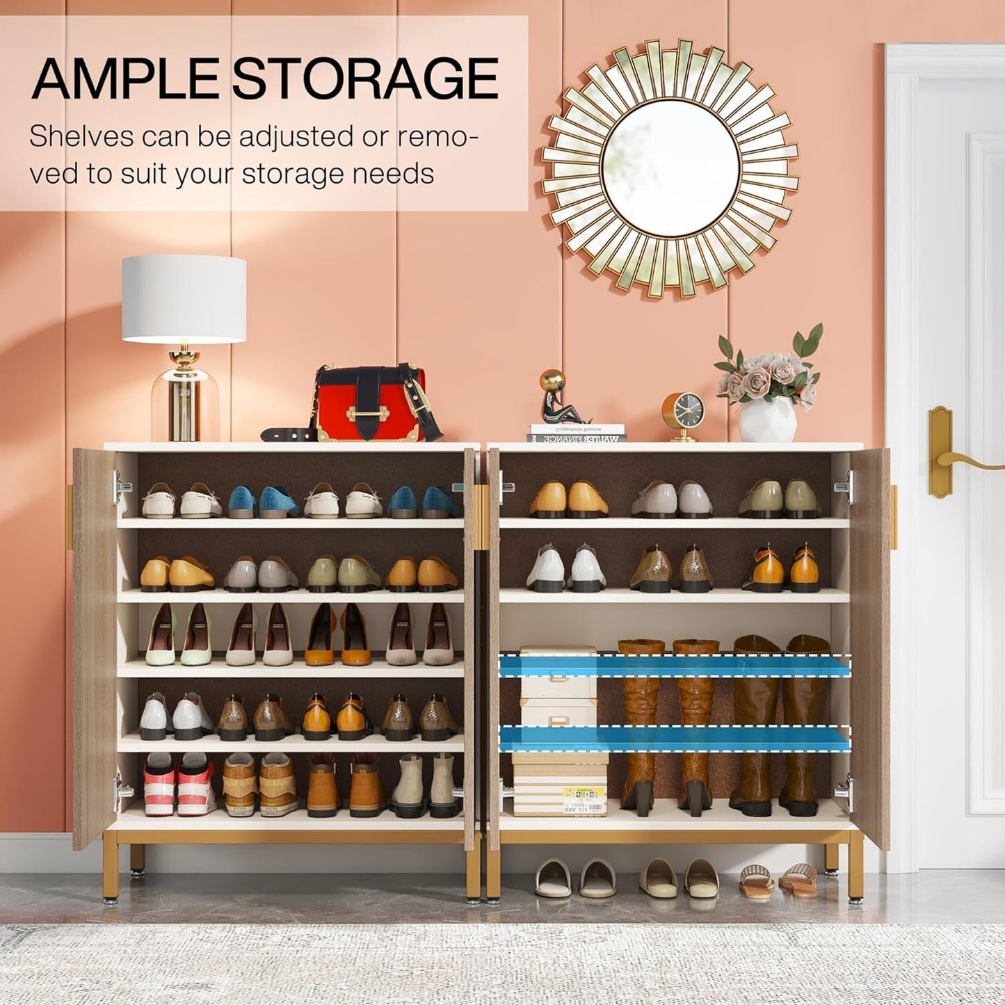 Meuble à chaussures pour 20 paires, 95 cm (37,4 pouces), meuble de rangement moderne avec portes, blanc et or