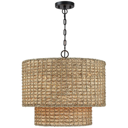 Suspension traditionnelle en rotin naturel à 4 lumières, abat-jour tambour noir, coloris noir/terre, 51 cm (20 po) de largeur