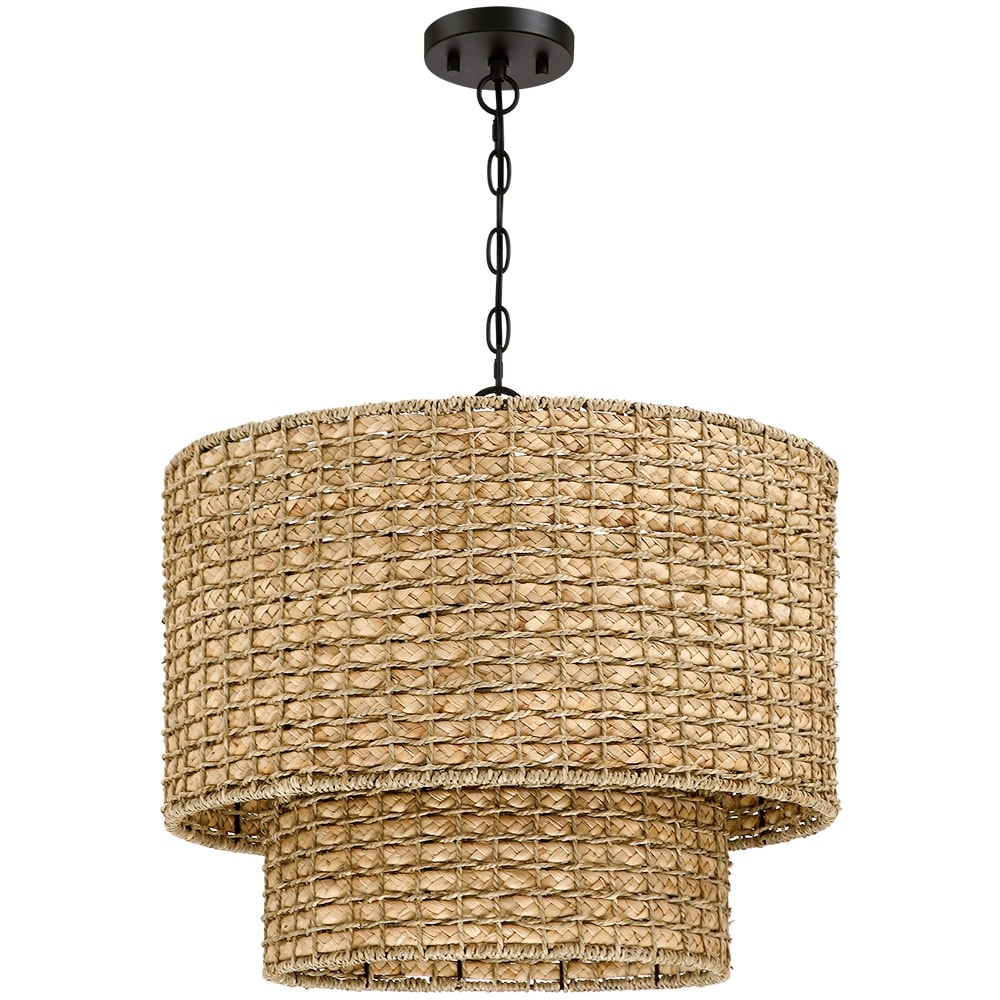 Suspension traditionnelle en rotin naturel à 4 lumières, abat-jour tambour noir, coloris noir/terre, 51 cm (20 po) de largeur