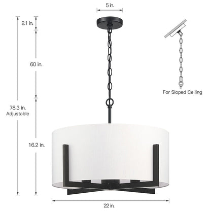 Lustre suspendu à 4 lumières noir mat de 56 cm (22 po) avec abat-jour cylindrique blanc - 22 W