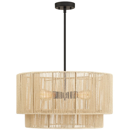 Lustre tambour étagé en rotin à 4 lumières avec rosace noire - 56 cm (22 po) de largeur