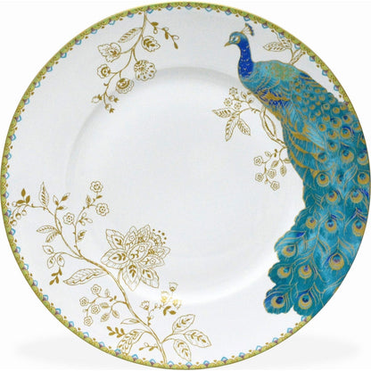 Service de table 16 pièces en porcelaine blanche Fifth Peacock Garden, comprenant assiettes rondes, bols et tasses.