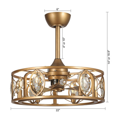 Lustre ventilateur de plafond moderne à cage en cristal de 22 pouces avec télécommande