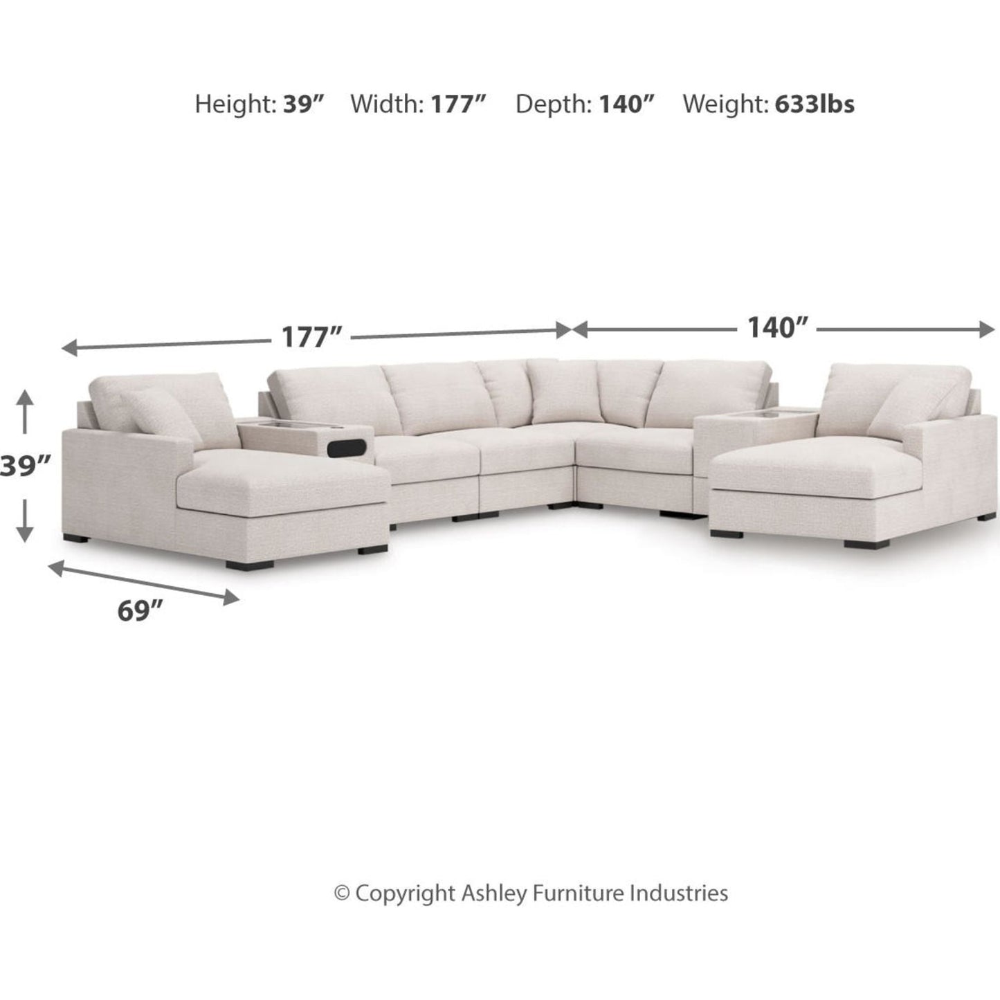 Canapé d'angle modulaire 8 pièces exclusif à Omaha avec double méridienne. Système audio et rangements.