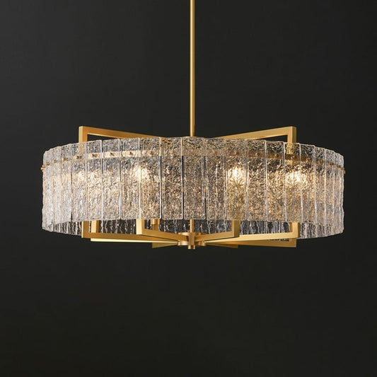 Lustre tambour moderne doré de 66 cm (26 po) en cristal, suspension à 6 lumières avec variateur, verre dépoli, idéal pour îlot de cuisine ou salle à manger.