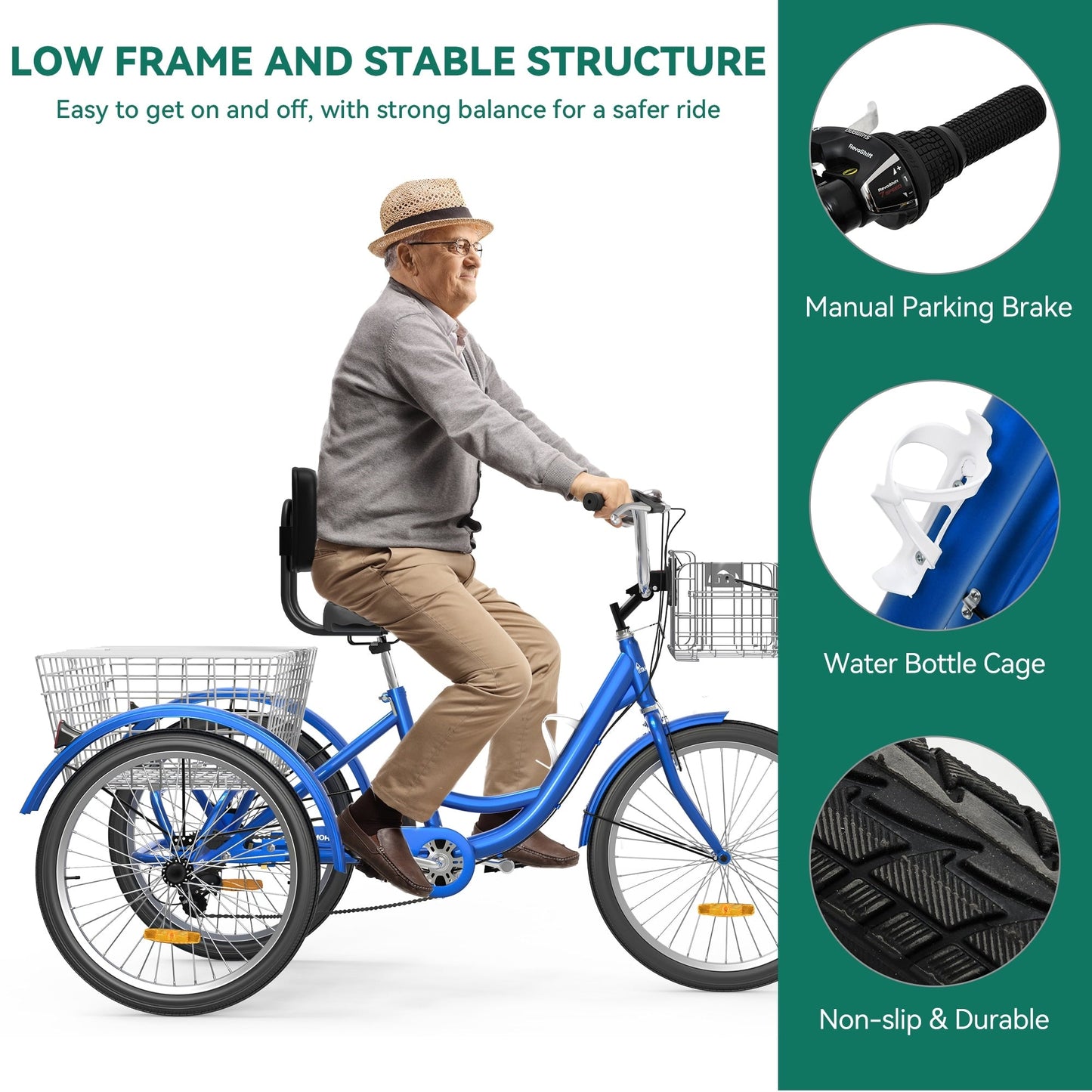 Tricycle adulte 26 pouces, vélo à 3 roues, tricycle à 7 vitesses