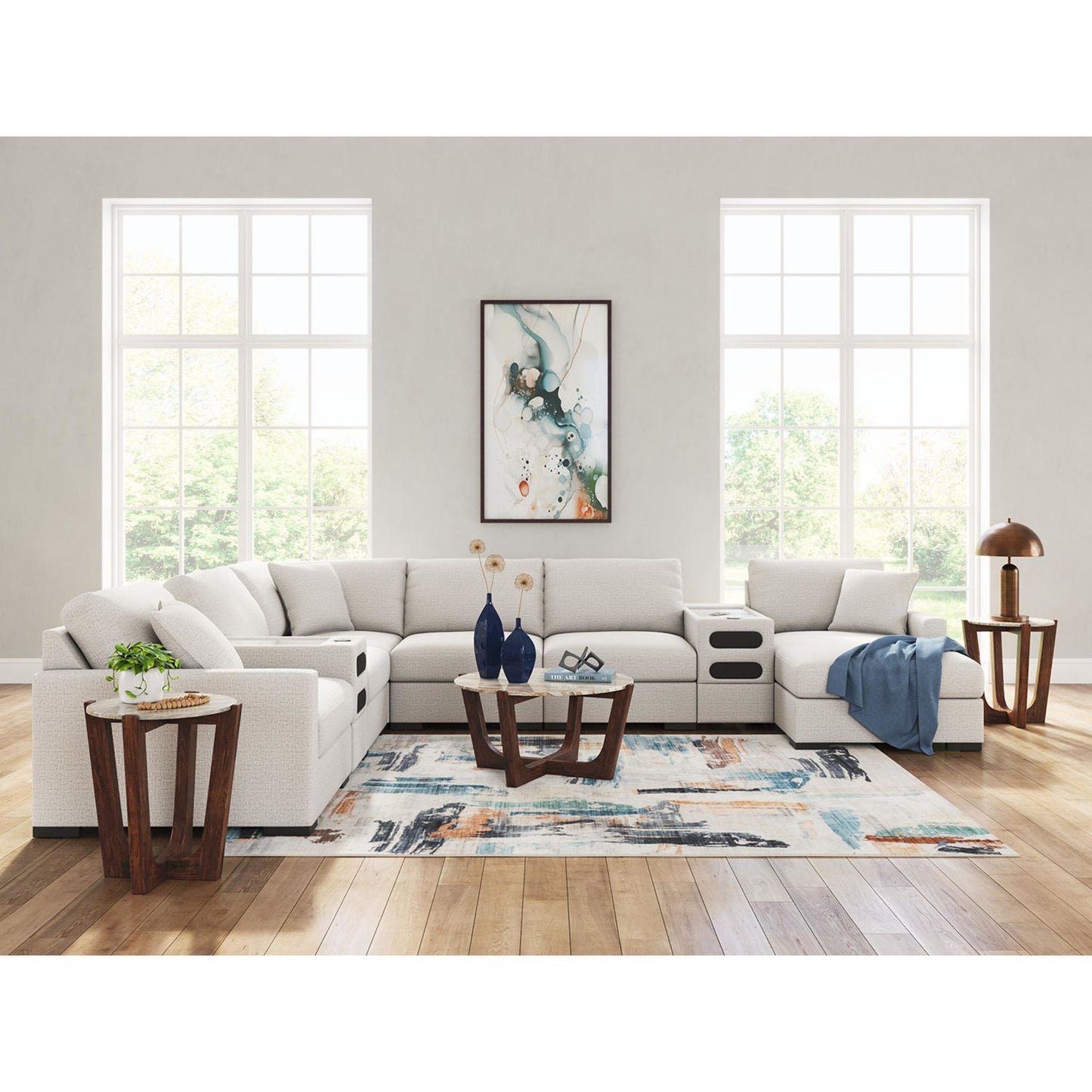 Canapé d'angle modulaire 8 pièces exclusif à Omaha, avec système audio et méridienne