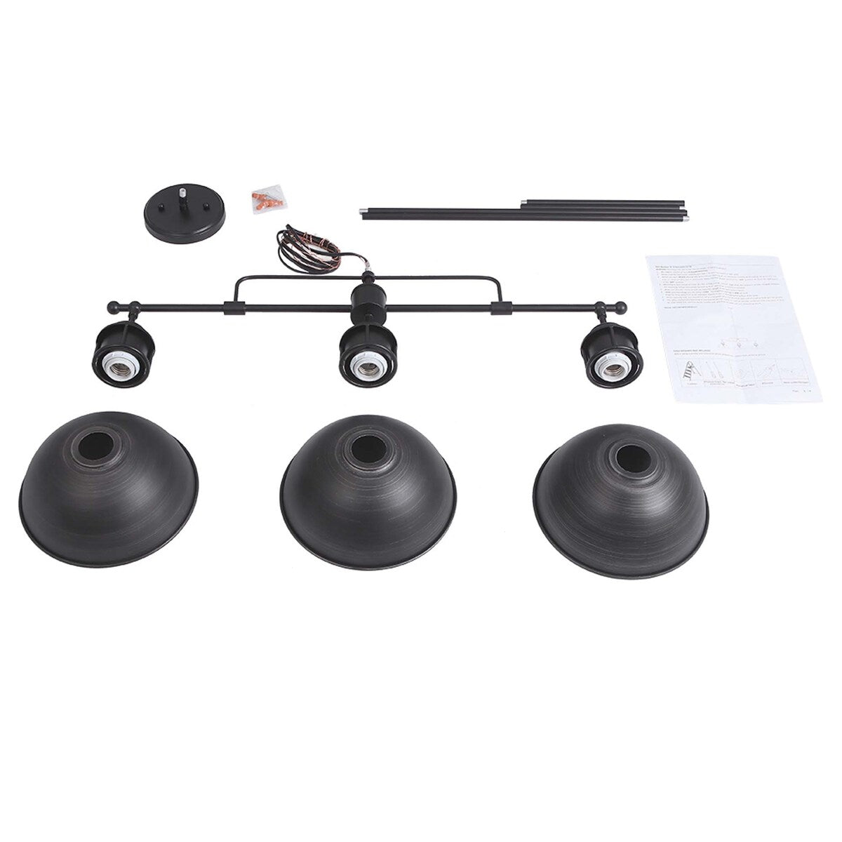 Suspension à trois lumières de style industriel/ferme, en métal, finition bronze huilé, pour îlot de cuisine.