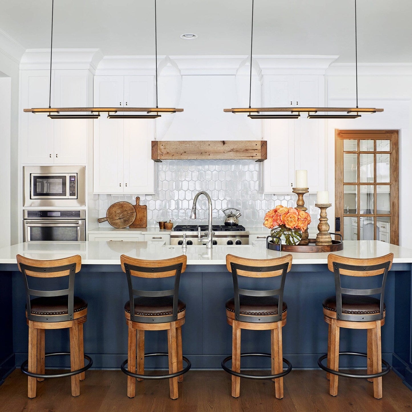 Lustre linéaire en bois à 3 ou 5 lumières LED intégrées, suspension pour îlot de cuisine