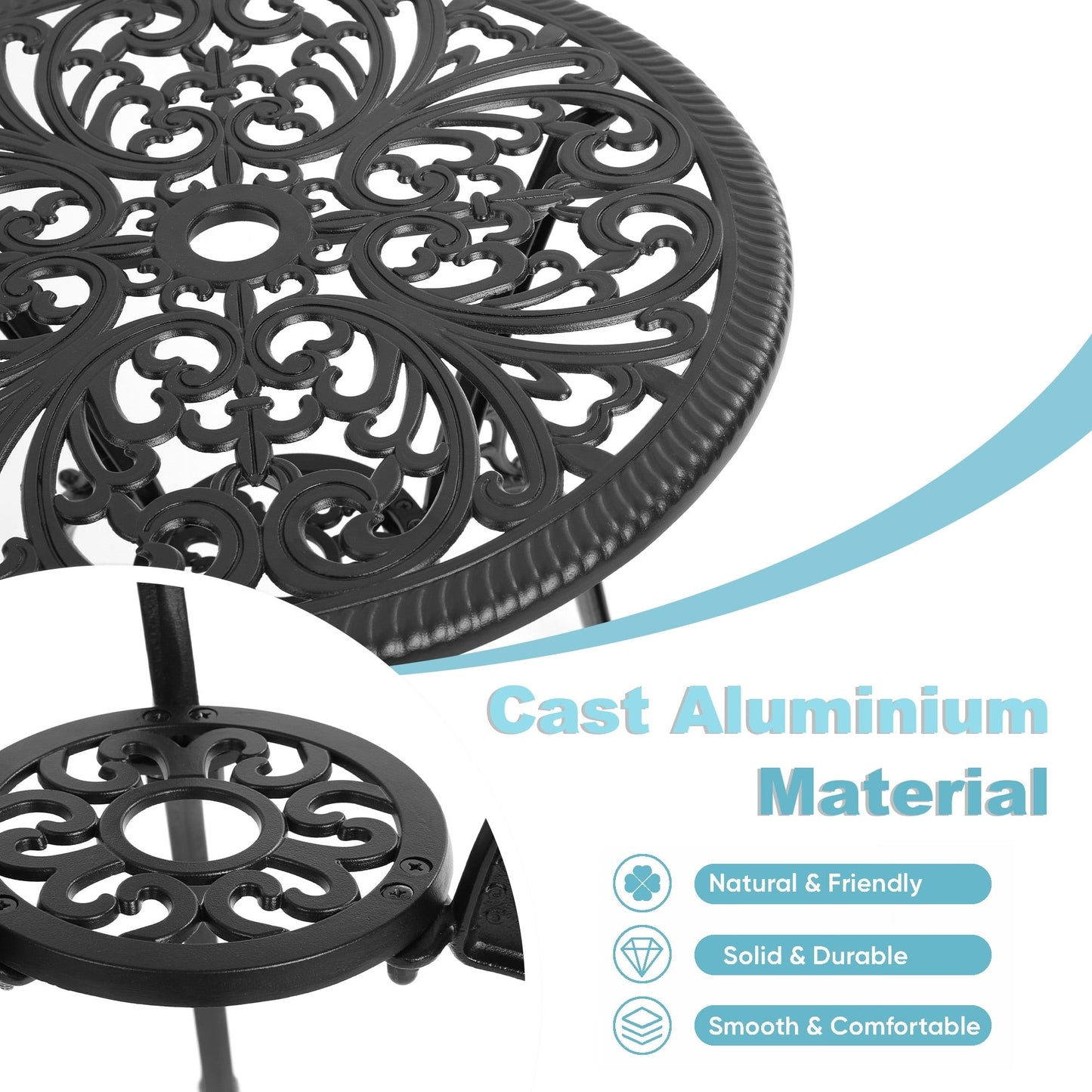 Ensemble table et chaises papillon d'extérieur en aluminium 3 pièces avec trou pour parasol