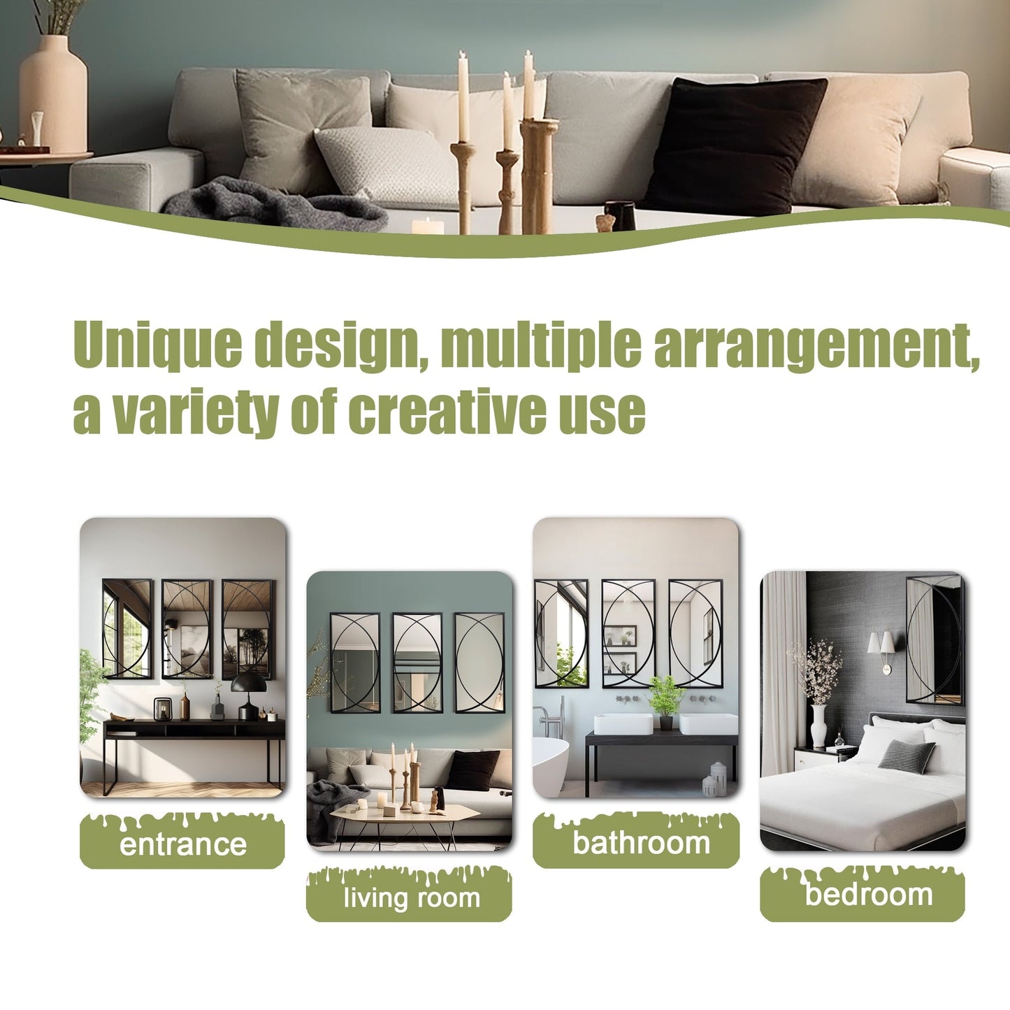 Ensemble de 3 miroirs muraux rectangulaires en métal noir - 31,9 cm (H) x 15,75 cm (L) x 0,75 cm (P)