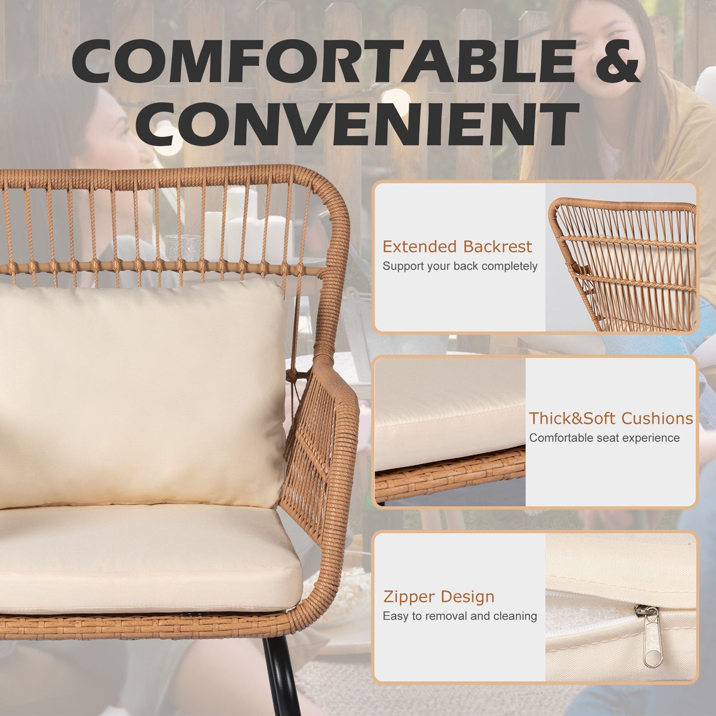 Ensemble bistro de conversation en résine tressée 3 pièces pour extérieur, ensemble de chaises de patio en rotin résistant aux intempéries avec coussins