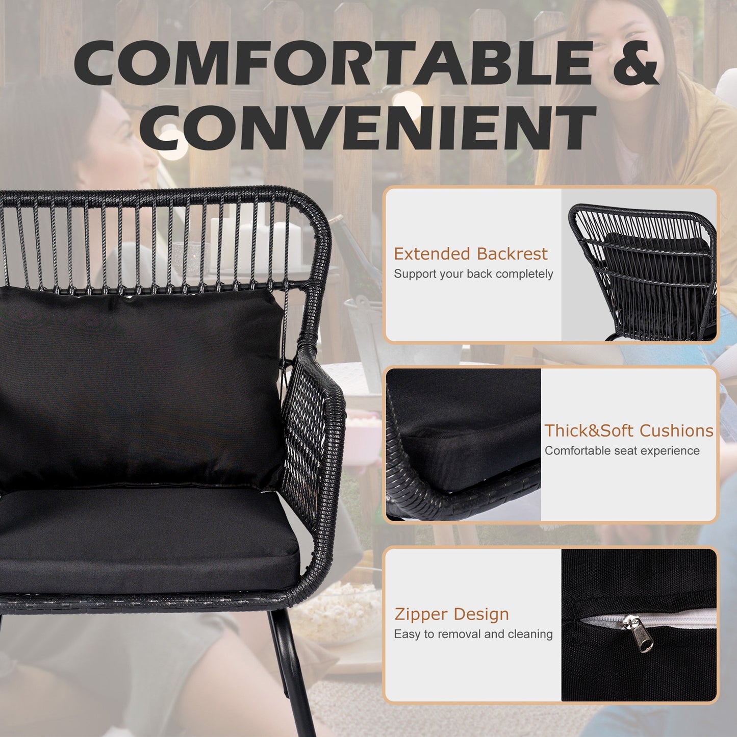 Ensemble bistro de conversation en résine tressée 3 pièces pour extérieur, ensemble de chaises de patio en rotin résistant aux intempéries avec coussins