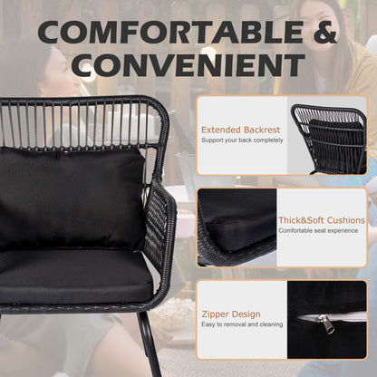 Ensemble bistro de conversation en résine tressée 3 pièces pour extérieur, ensemble de chaises de patio en rotin résistant aux intempéries avec coussins