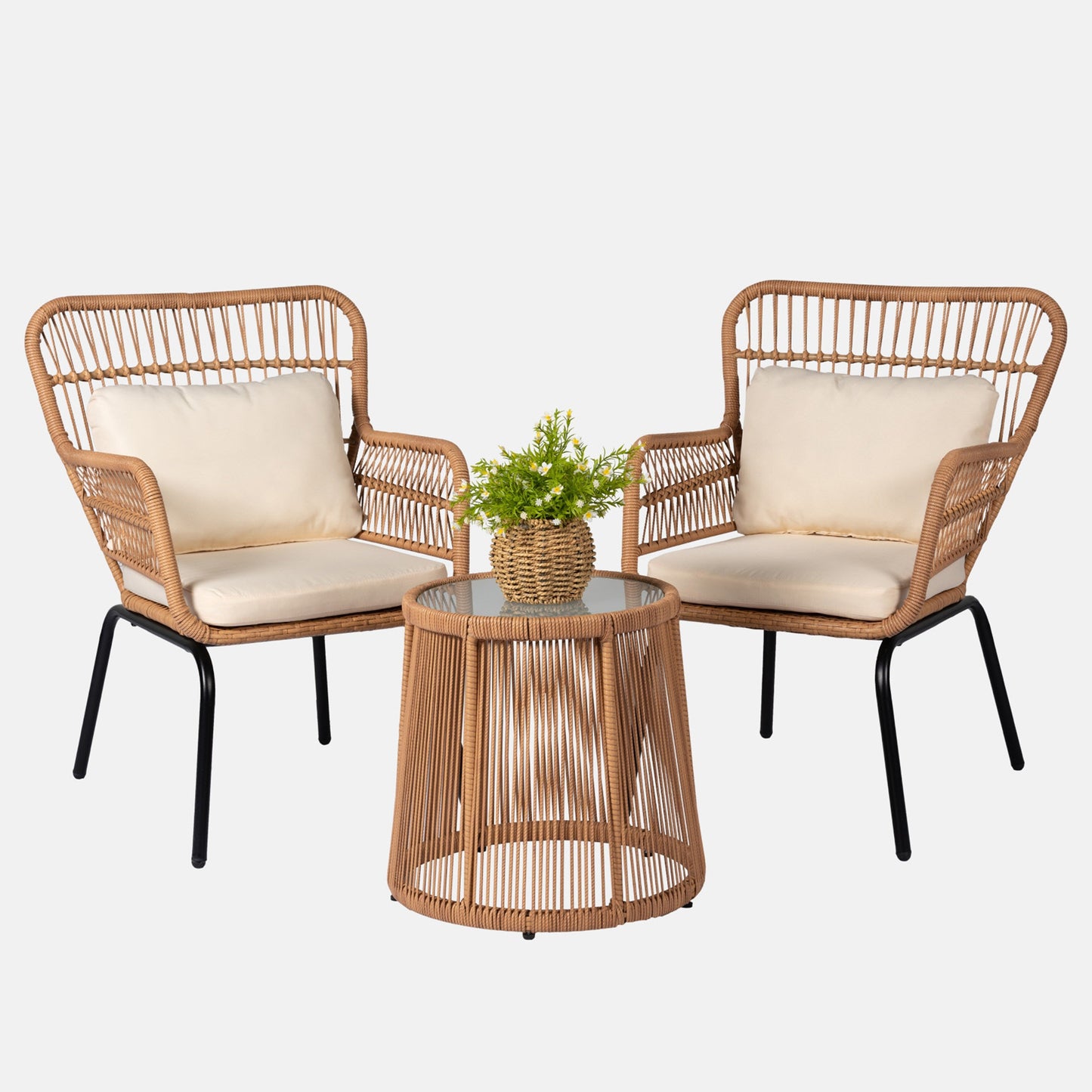 Ensemble bistro de conversation en résine tressée 3 pièces pour extérieur, ensemble de chaises de patio en rotin résistant aux intempéries avec coussins