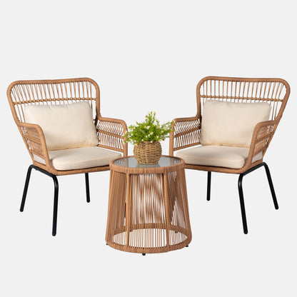 Ensemble bistro de conversation en résine tressée 3 pièces pour extérieur, ensemble de chaises de patio en rotin résistant aux intempéries avec coussins