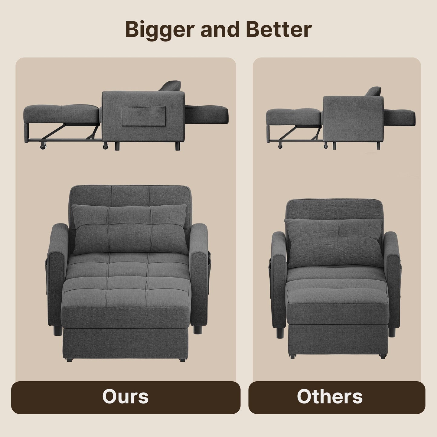 Canapé-lit convertible 3 en 1, fauteuil-lit, canapé lounge rembourré, pliable et réglable