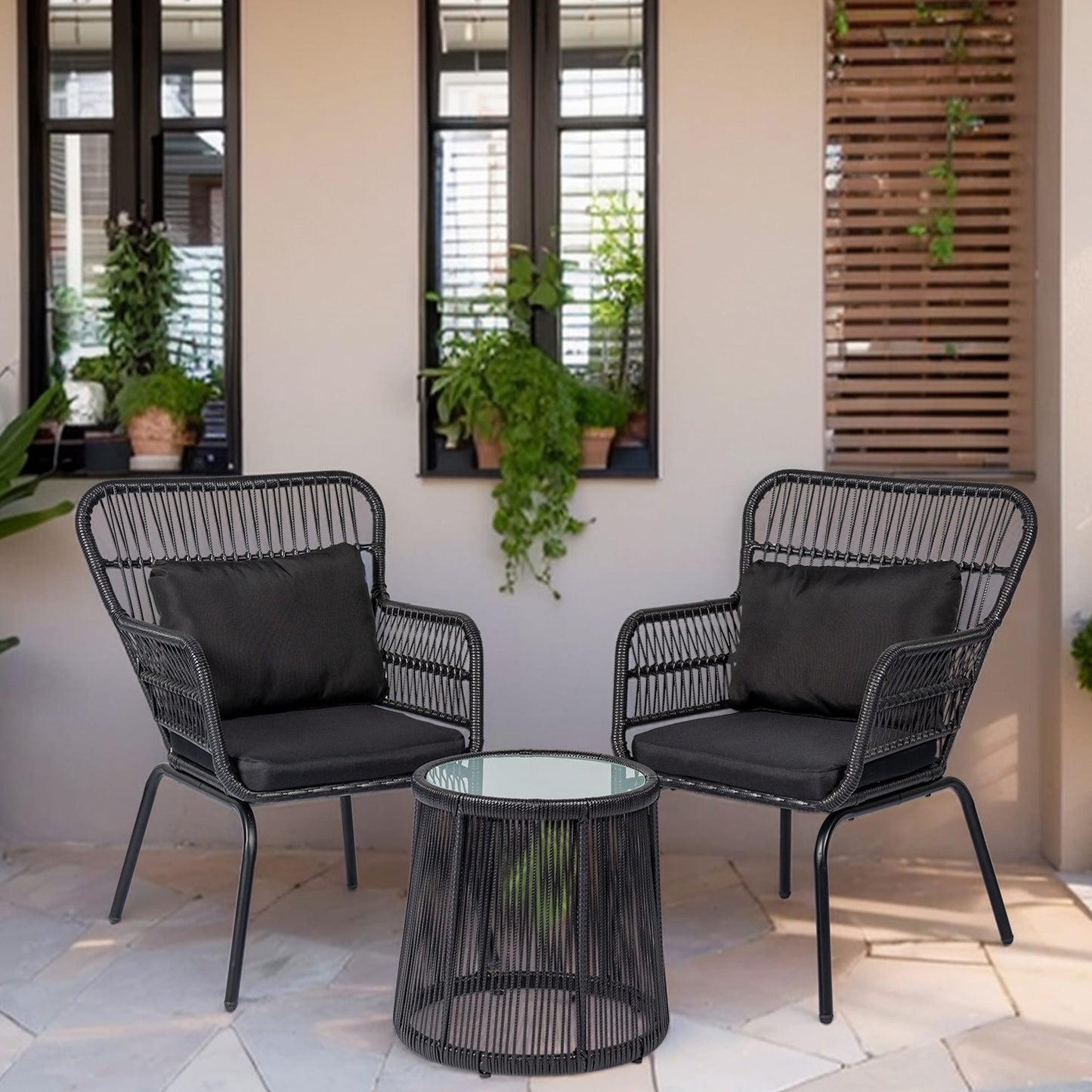 Ensemble bistro de conversation en résine tressée 3 pièces pour extérieur, ensemble de chaises de patio en rotin résistant aux intempéries avec coussins