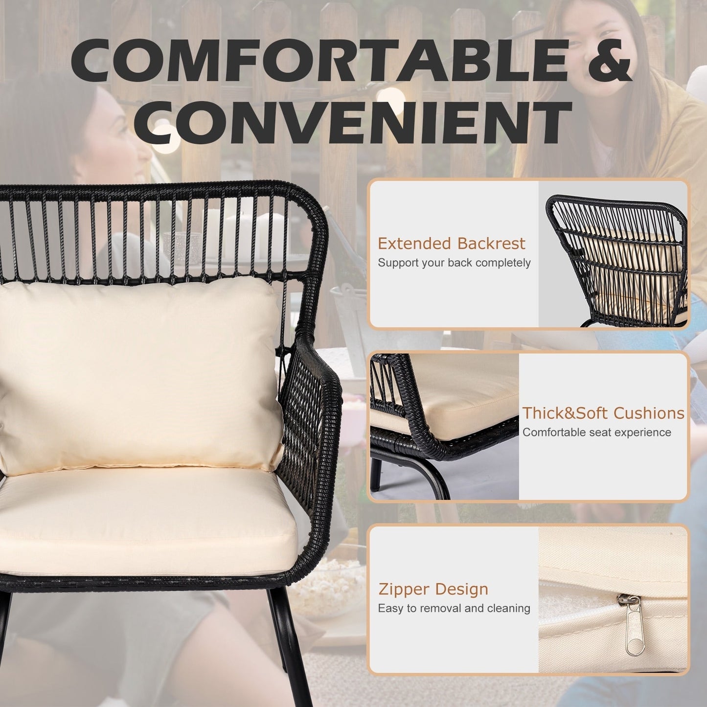 Ensemble bistro de conversation en résine tressée 3 pièces pour extérieur, ensemble de chaises de patio en rotin résistant aux intempéries avec coussins