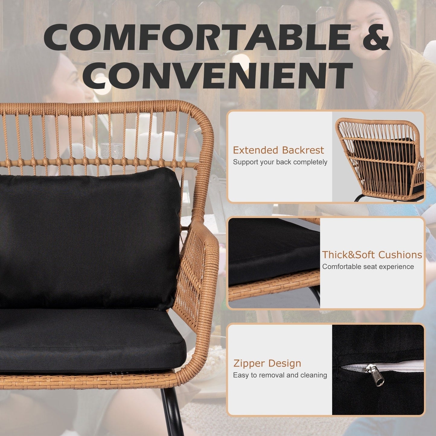 Ensemble bistro de conversation en résine tressée 3 pièces pour extérieur, ensemble de chaises de patio en rotin résistant aux intempéries avec coussins