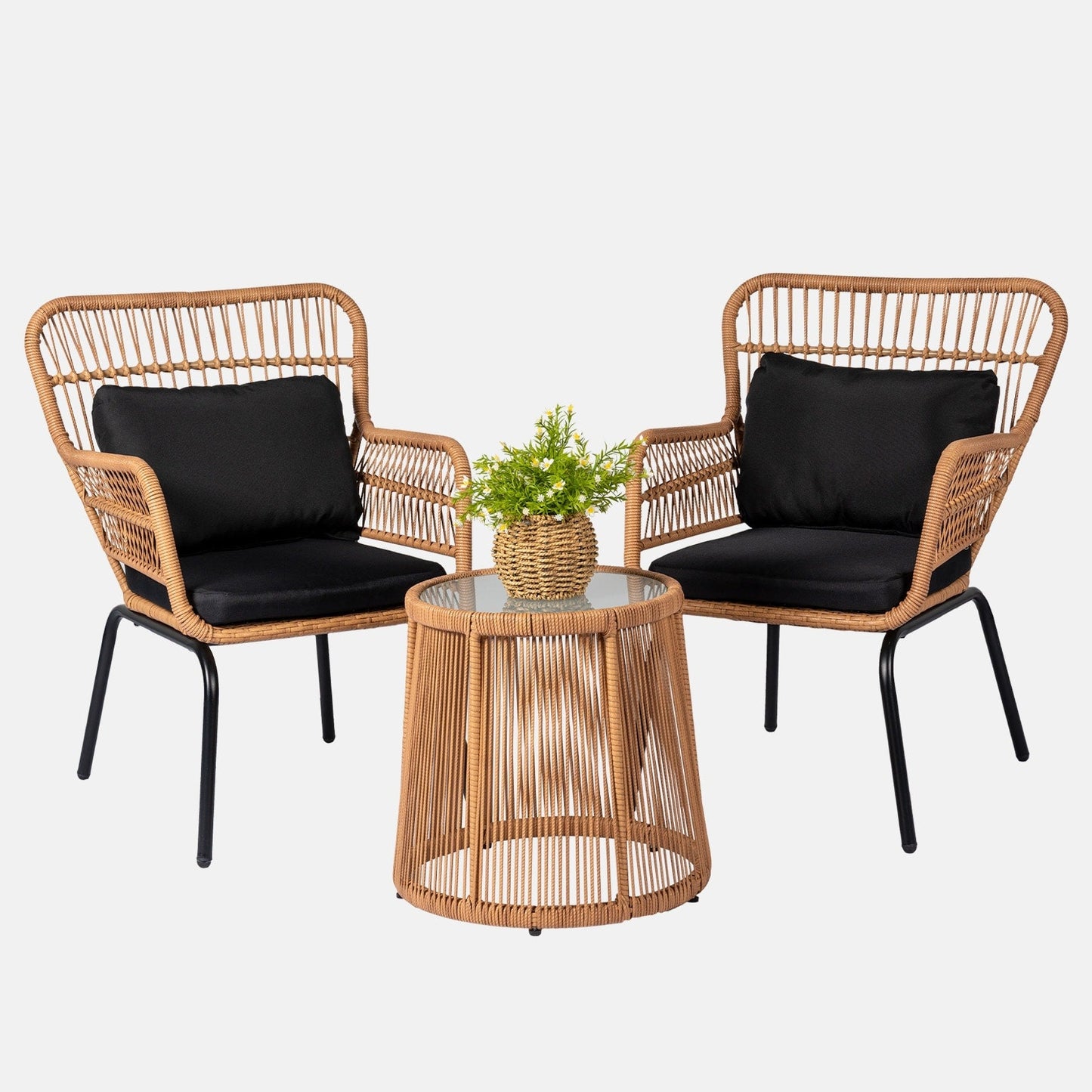 Ensemble bistro de conversation en résine tressée 3 pièces pour extérieur, ensemble de chaises de patio en rotin résistant aux intempéries avec coussins