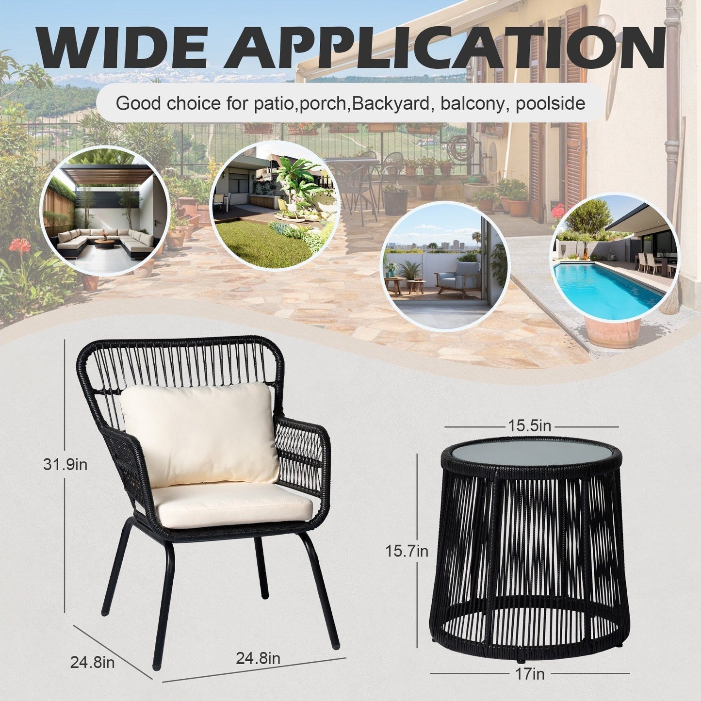 Ensemble bistro de conversation en résine tressée 3 pièces pour extérieur, ensemble de chaises de patio en rotin résistant aux intempéries avec coussins