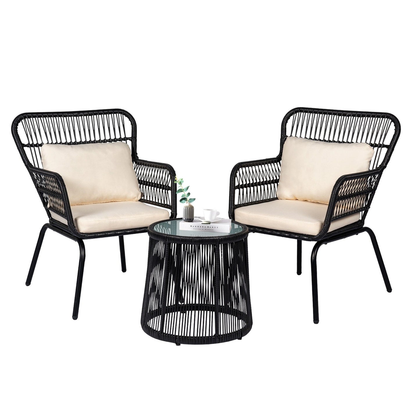 Ensemble bistro de conversation en résine tressée 3 pièces pour extérieur, ensemble de chaises de patio en rotin résistant aux intempéries avec coussins